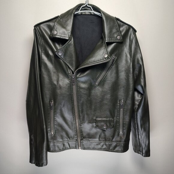 Feicui Faux Leather Biker Jacket Mens Size Medium Dark Green Moto Punk - Picture 2 of 16